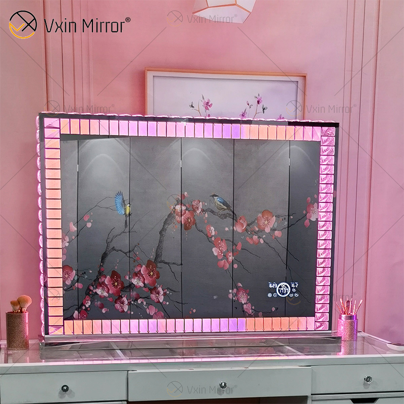 Vanity Hollywood LED mit Bluetooth WXDL-1208 Kristall-Tischplatte Ovaler Schminkspiegel im dekorativen Stil mit LED-Licht-Schlafzimmer-Sets