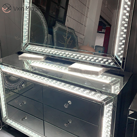WXM-1176 & WXF-2139 LED-Möbel-Set, achteckig, Perlen, modisch, einfach, Schminkspiegel, Spiegelschrank, 6 Schubladen