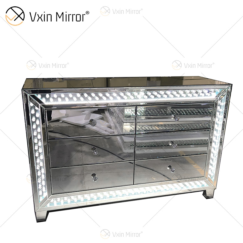 WXM-1176 & WXF-2139 LED-Möbel-Set, achteckig, Perlen, modisch, einfach, Schminkspiegel, Spiegelschrank, 6 Schubladen