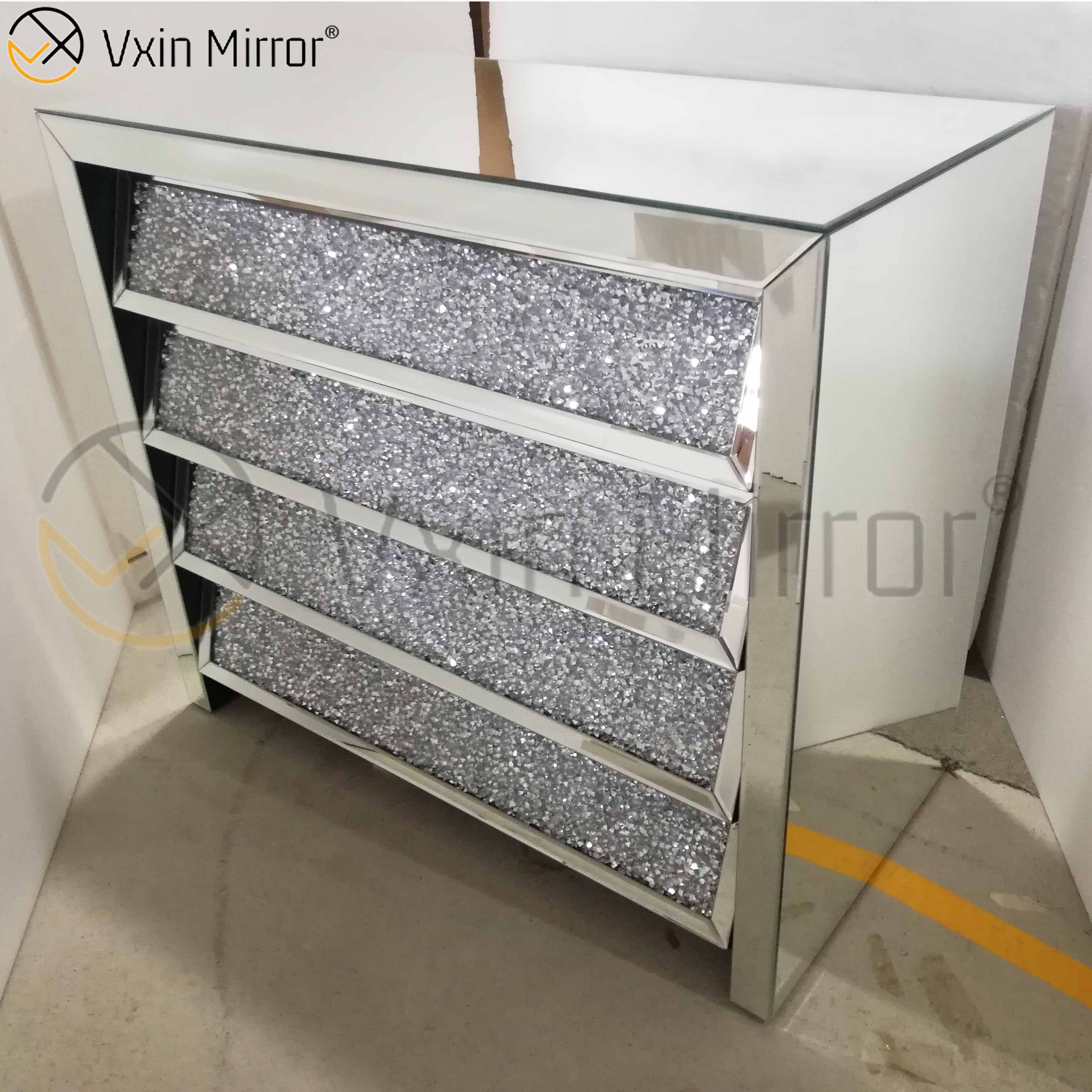Vxin Silver WXF-706 Crushed with Diamond Nightstand Bevel Nachttisch mit 4 Schubladen verspiegelter Nachttisch
