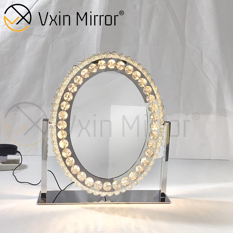 Ovaler dekorativer Diamond Crystal Dimmable Touch Hollywood Table Top Kosmetikspiegel WXDL-175