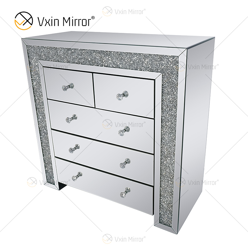 Vxin Nachttisch mit 5 Schubladen, verspiegelt, Silber, Crushed Diamond