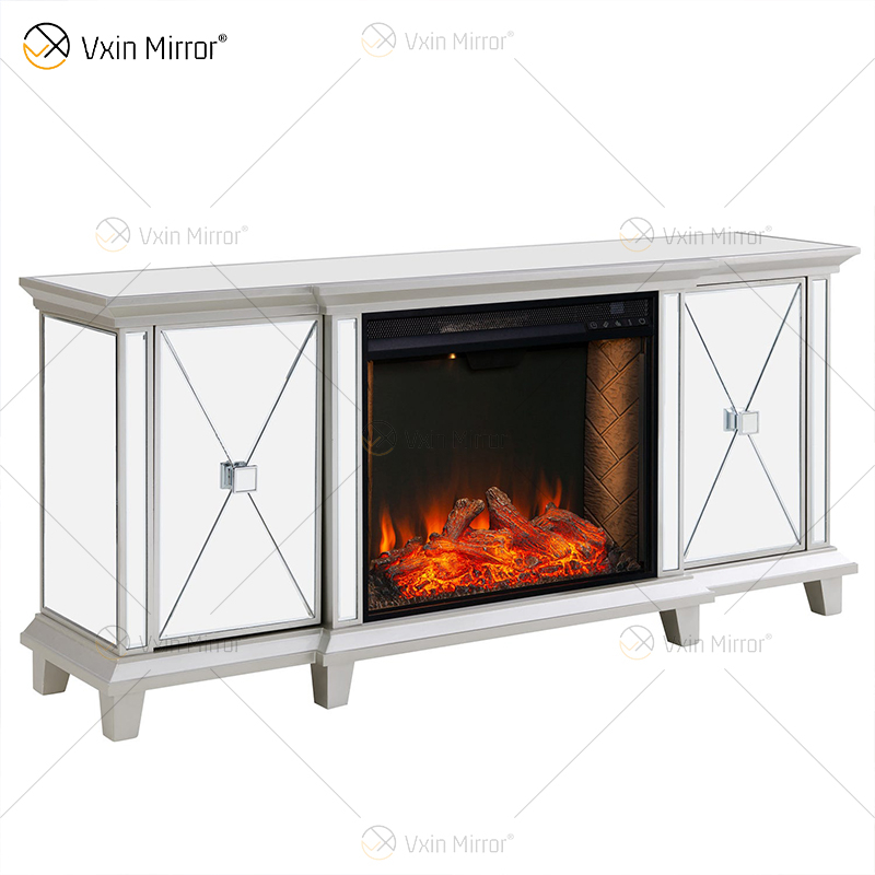 Ornate Berlin Furniture WXF-415 Champagner-Silber verspiegelter Kamin TV-Ständer Schrank mit Heißwindeinsatz 2 Arten