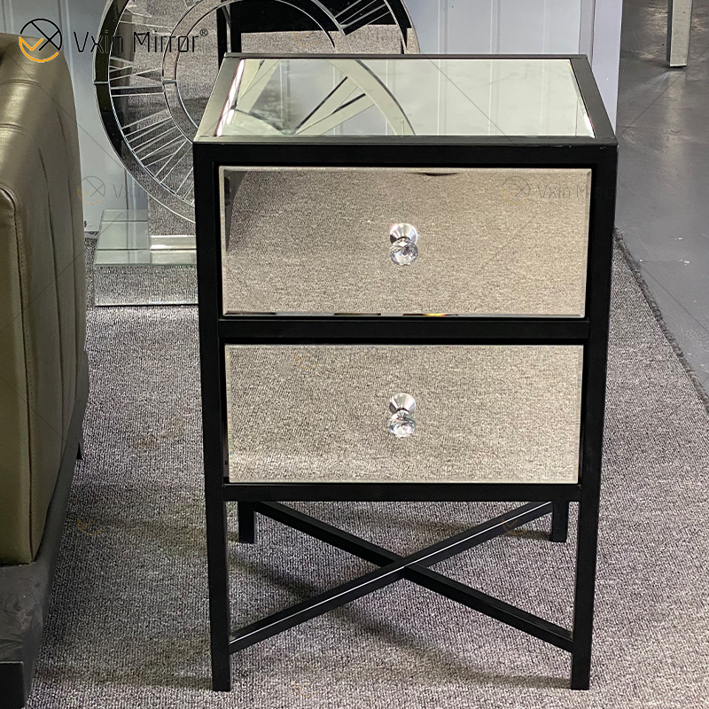 Vanity Modern Silber Glas Schmiedeeisen Möbel Nachttisch mit 2 Schubladen verspiegelter Nachttisch für Schlafzimmer