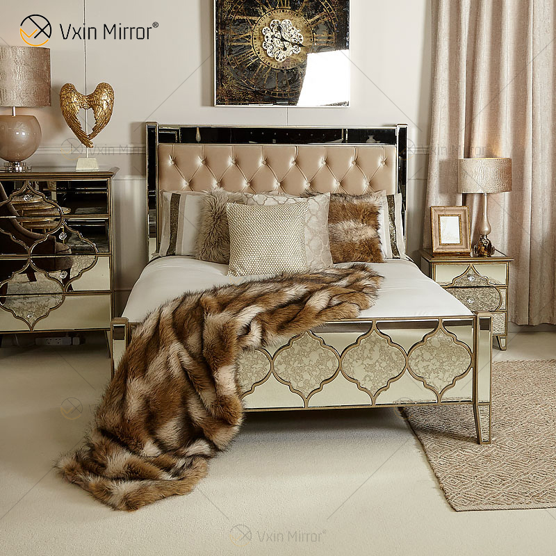 Vxin Antique Furniture WXWF-1088 Kingsize-Bett Grace Golden Frame Mirrored Super Bed