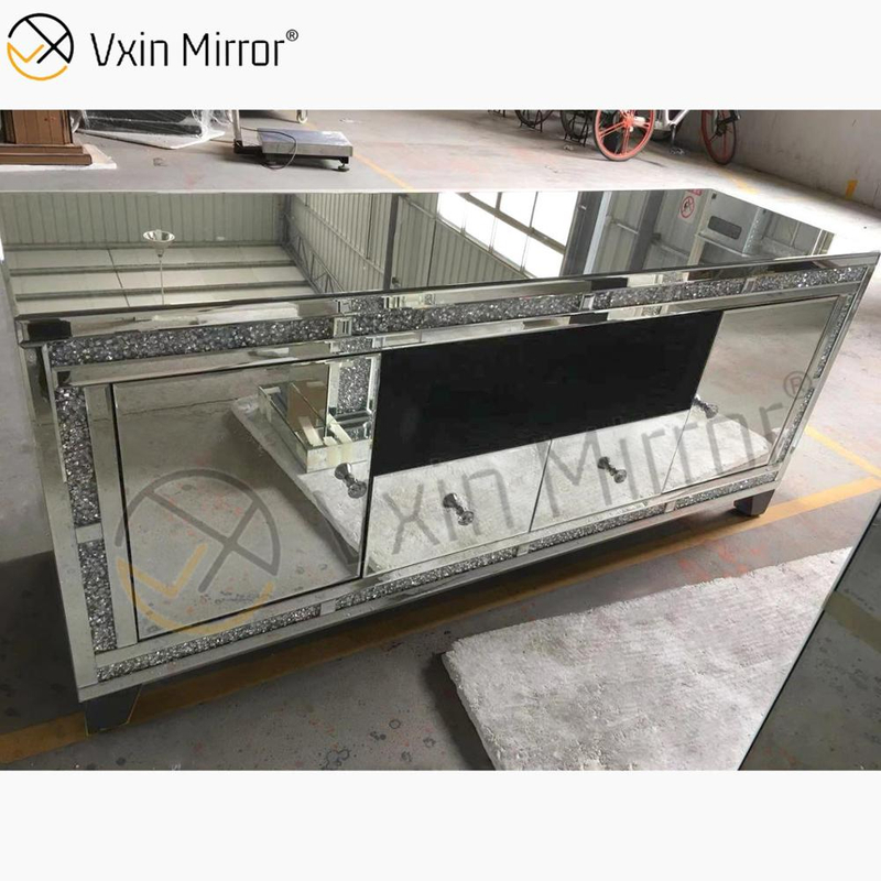 Vxin Spiegelmöbel Modern Crushed Diamond Silver Mirror Fireplce TV-Ständer mit 2 Türen