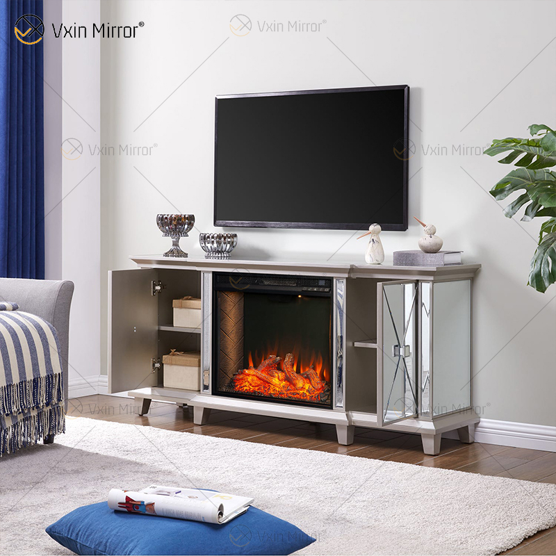 Ornate Berlin Furniture WXF-415 Champagner-Silber verspiegelter Kamin TV-Ständer Schrank mit Heißwindeinsatz 2 Arten