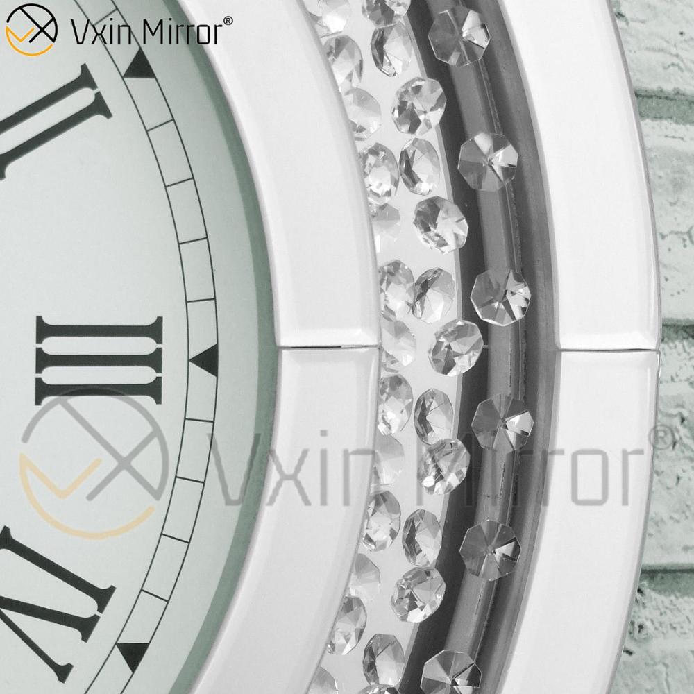 Runde, große, funkelnde, zerkleinerte, abgeschrägte, 50 cm große, schwebende Kristall-Wanduhr mit silberner Verspiegelung WXC-009
