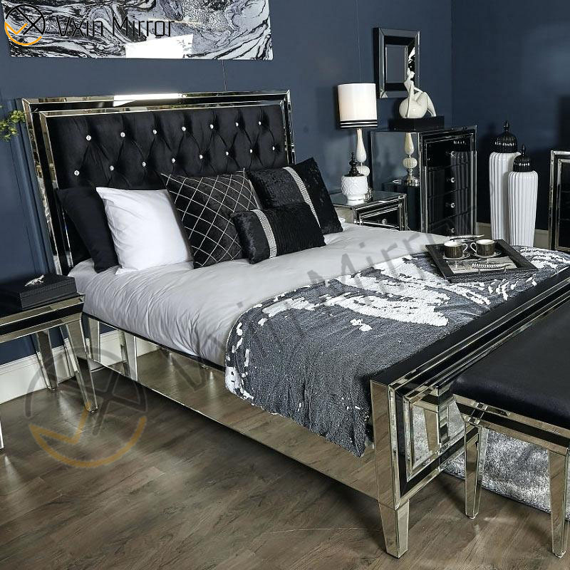 Vxin Mirror Furniture WXWF-1081Black Frame Silver Glass Mirrored King Bed Mirror Bed