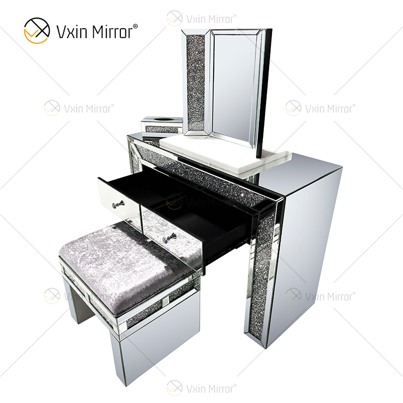 Hot Sell Modern Crushed Diamond Silver Frisierkommode Hocker 2 Schubladen mit Ganzkörperspiegel