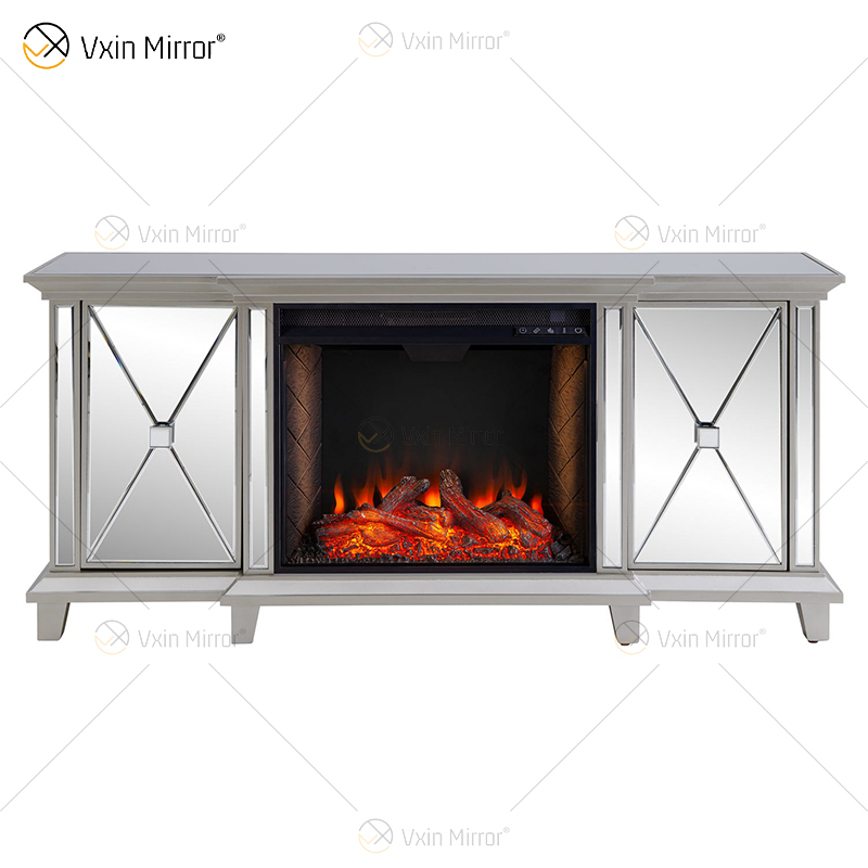Ornate Berlin Furniture WXF-415 Champagner-Silber verspiegelter Kamin TV-Ständer Schrank mit Heißwindeinsatz 2 Arten