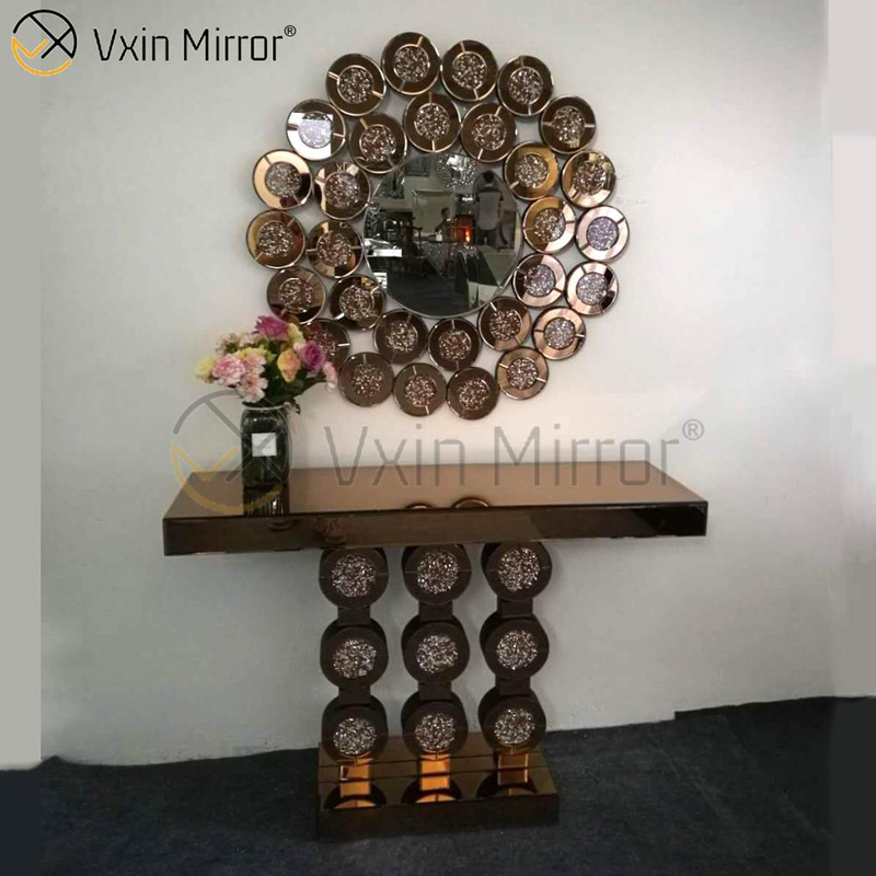 Niedriger Preis Vxin Moderner runder Konsolentisch aus Glas mit zerkleinertem Diamantspiegel