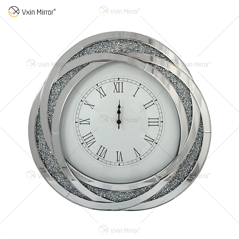 Testpaket WXC-080 Moderne verspiegelte 3D-Wanduhr mit gebrochenen Diamanten in Silber