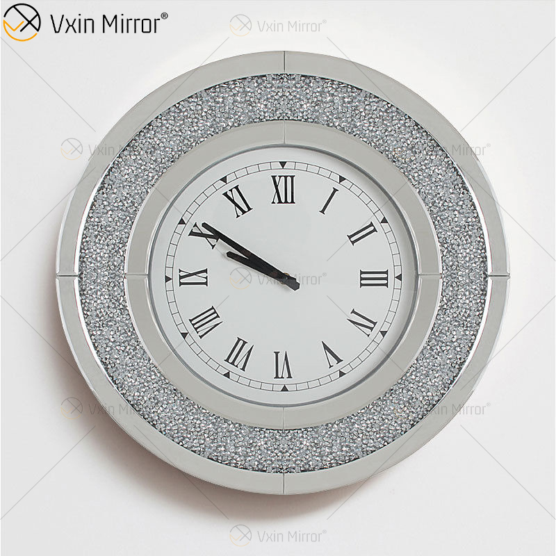 Heißer Verkauf Moderne Silber WXMC-010 Crushed Diamond Runde Spiegel Wanduhr