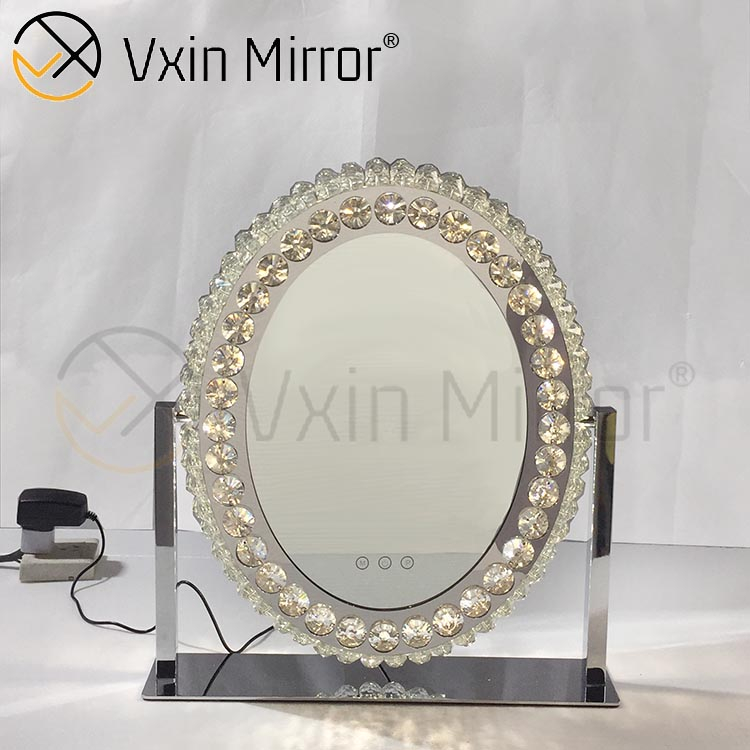 Ovaler dekorativer Diamond Crystal Dimmable Touch Hollywood Table Top Kosmetikspiegel WXDL-175