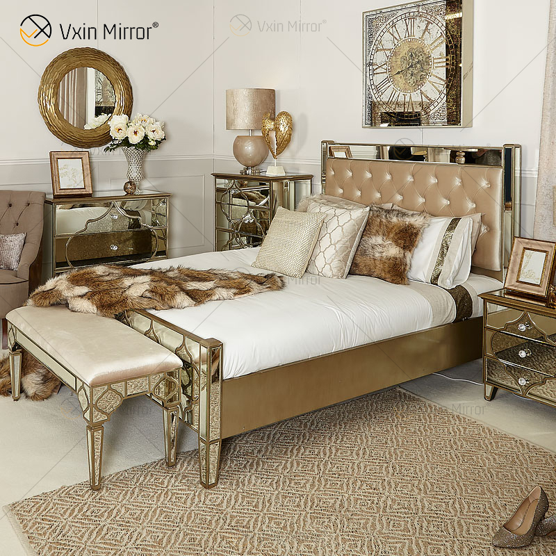 Vxin Antique Furniture WXWF-1088 Kingsize-Bett Grace Golden Frame Mirrored Super Bed