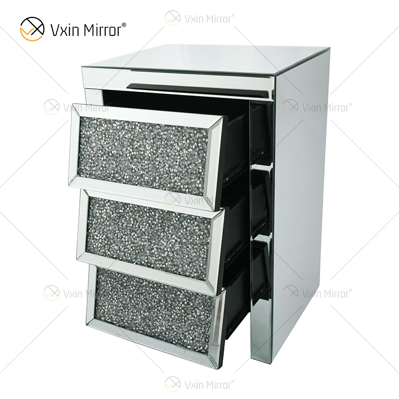 Vxin Spiegel WXF-116 Silberner Kristall-Nachttisch Abgeschrägter verspiegelter Nachttisch mit 3 Schubladen für Schlafzimmer