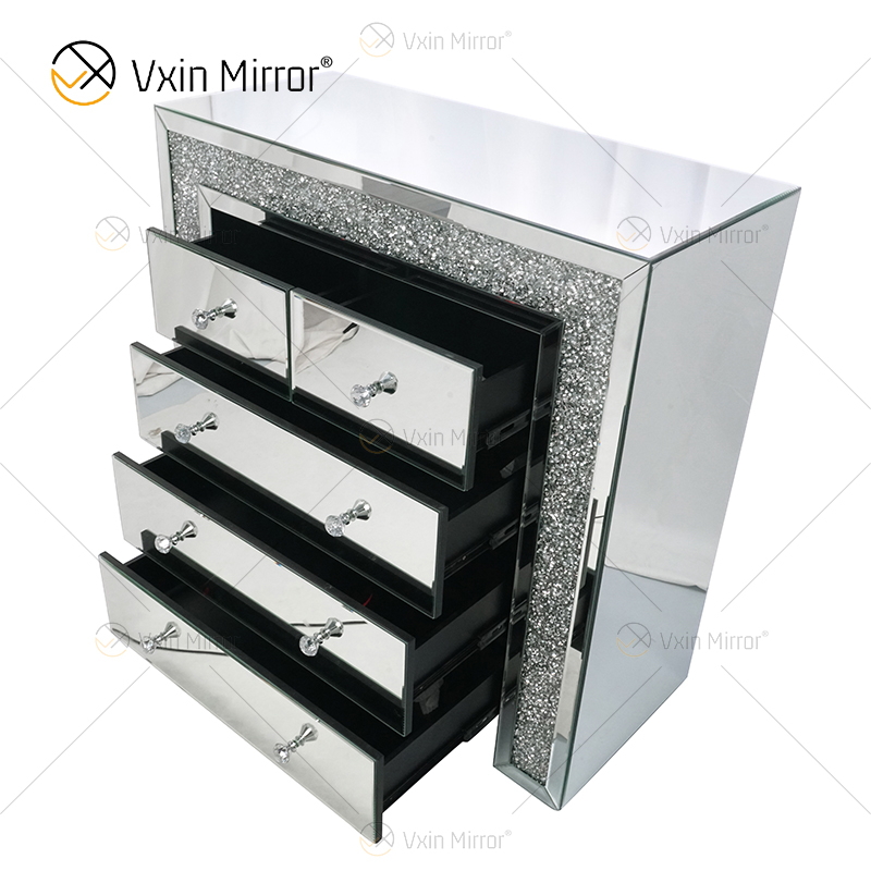 Vxin Nachttisch mit 5 Schubladen, verspiegelt, Silber, Crushed Diamond