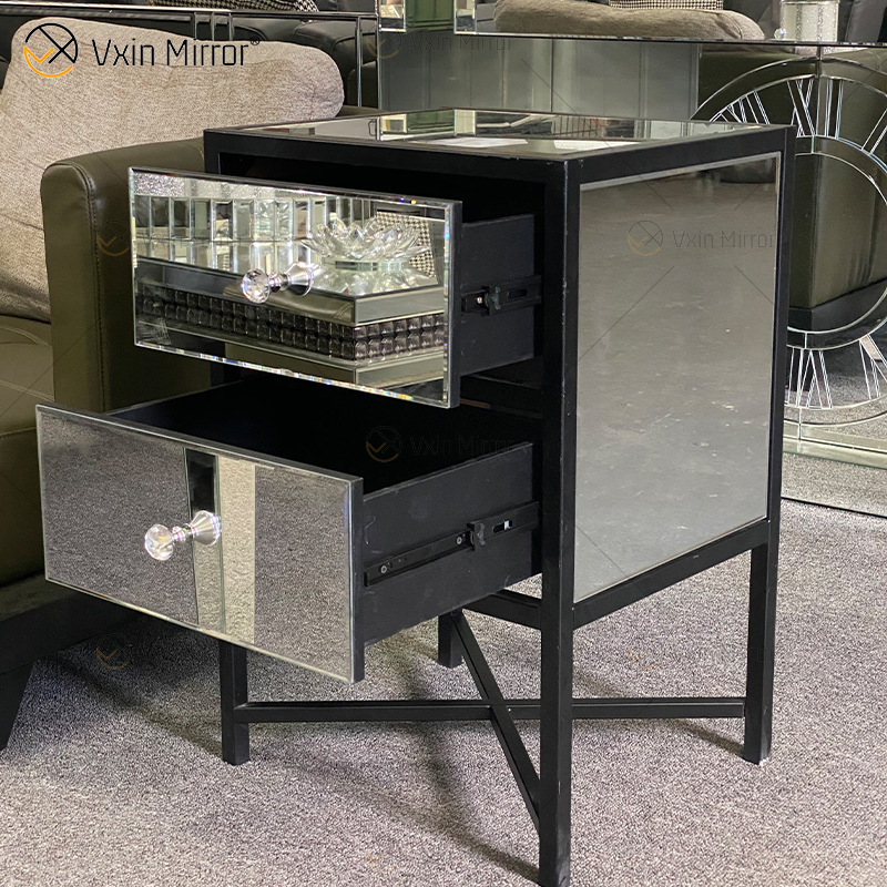 Vanity Modern Silber Glas Schmiedeeisen Möbel Nachttisch mit 2 Schubladen verspiegelter Nachttisch für Schlafzimmer