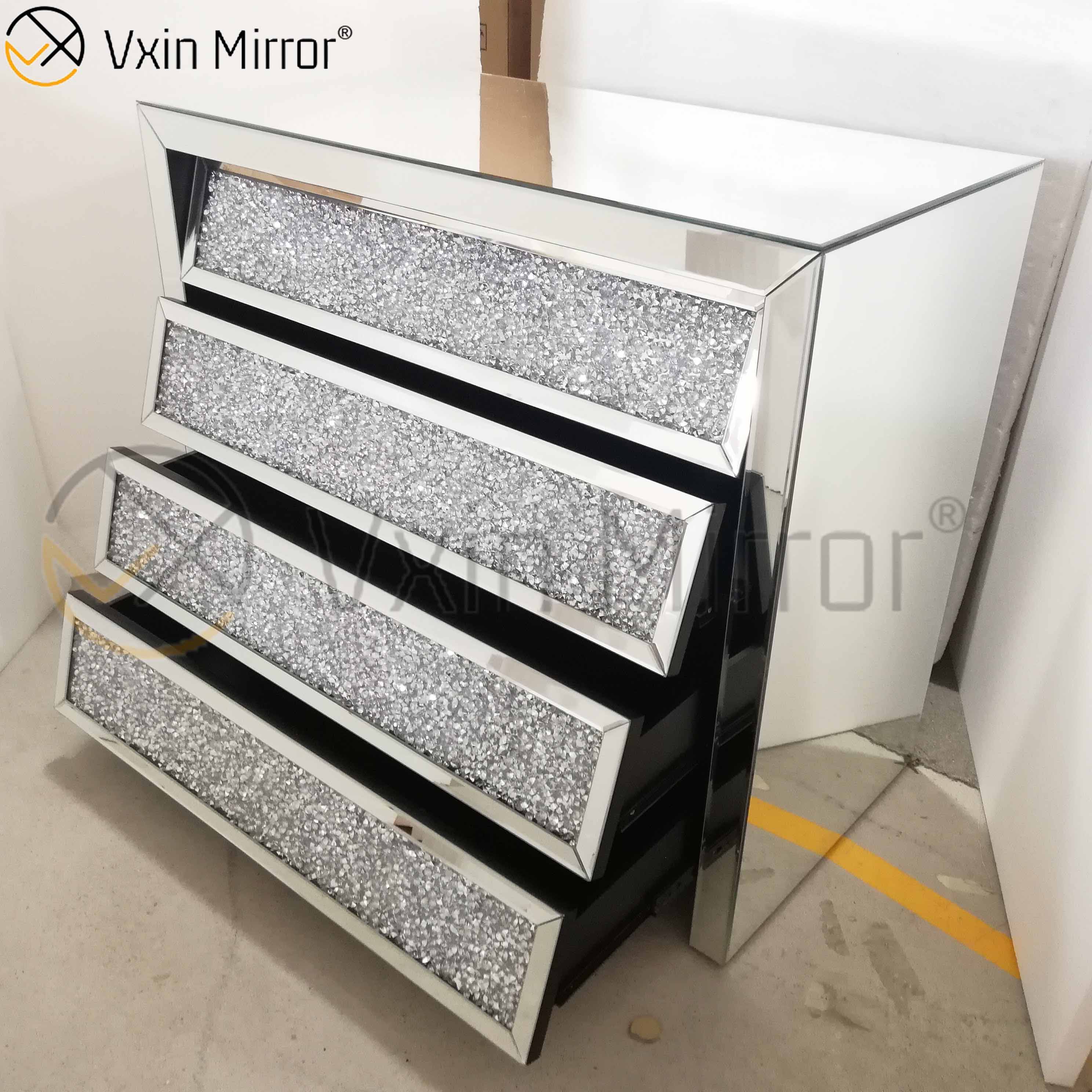 Vxin Silver WXF-706 Crushed with Diamond Nightstand Bevel Nachttisch mit 4 Schubladen verspiegelter Nachttisch