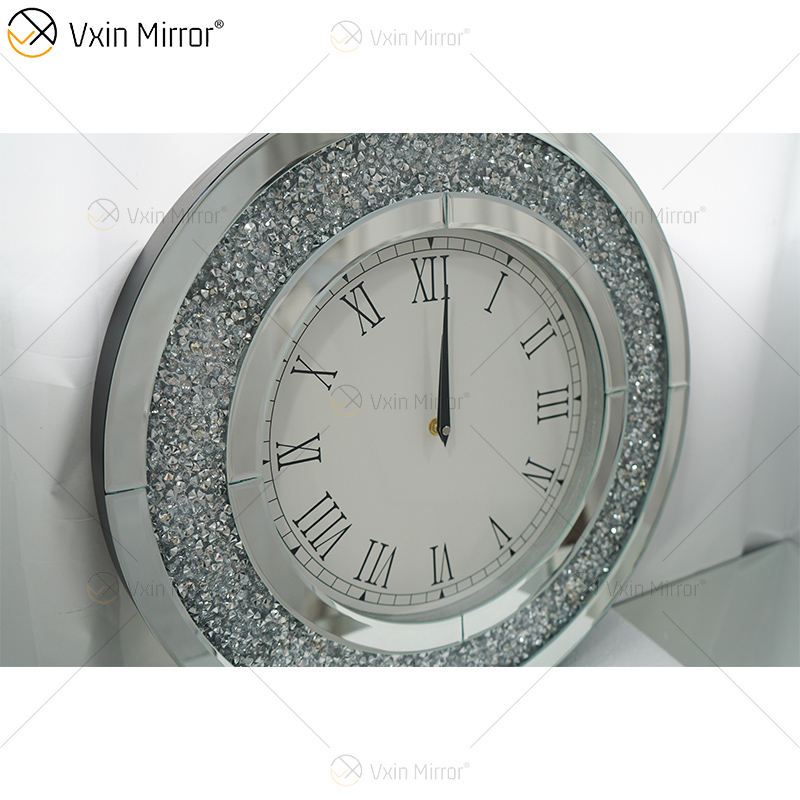 Heißer Verkauf Moderne Silber WXMC-010 Crushed Diamond Runde Spiegel Wanduhr