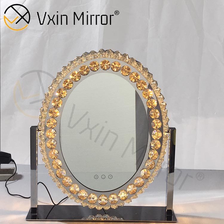 Ovaler dekorativer Diamond Crystal Dimmable Touch Hollywood Table Top Kosmetikspiegel WXDL-175