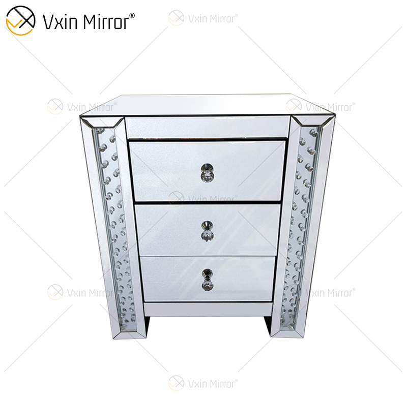 Vxin Crystal Decor WXF-274 Silber Tallboy Nachttisch mit Kristallspiegel und 3 Schubladen Spiegel Nachttisch