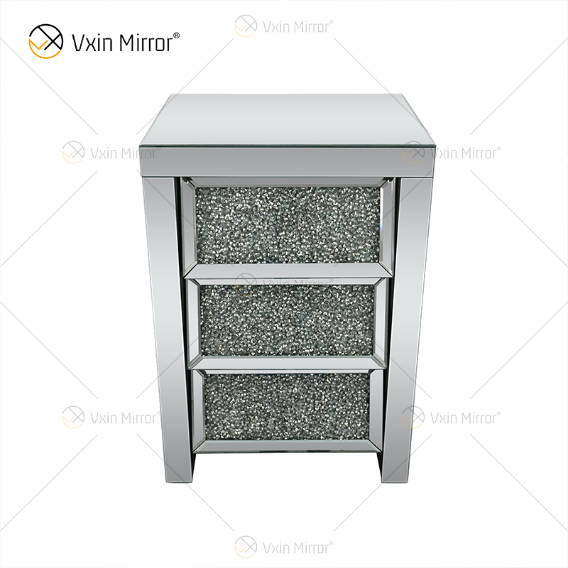 Vxin Spiegel WXF-116 Silberner Kristall-Nachttisch Abgeschrägter verspiegelter Nachttisch mit 3 Schubladen für Schlafzimmer