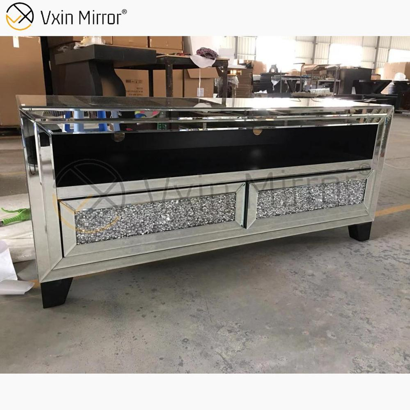 Vxin Spiegelmöbel Modern Crushed Diamond Silver Mirror Fireplce TV-Ständer mit 2 Türen