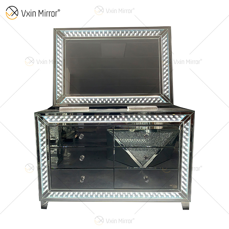 WXM-1176 & WXF-2139 LED-Möbel-Set, achteckig, Perlen, modisch, einfach, Schminkspiegel, Spiegelschrank, 6 Schubladen