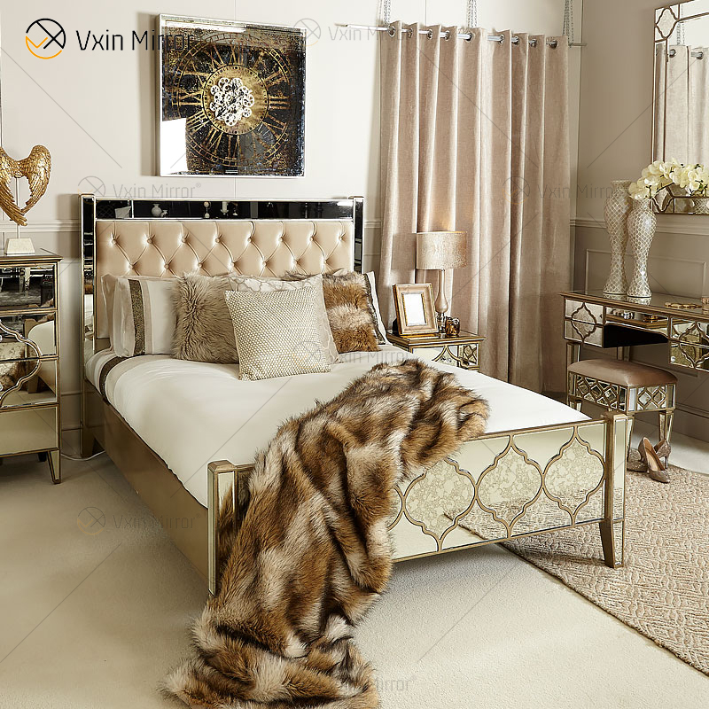 Vxin Antique Furniture WXWF-1088 Kingsize-Bett Grace Golden Frame Mirrored Super Bed