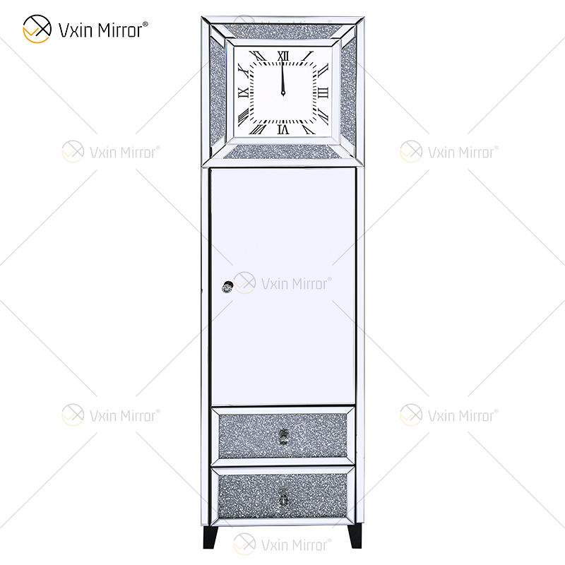 Elegant Home Decor WXF-739 Uhrenschrank mit 2 Schubladen in Silber verspiegelt mit zerkleinerten Diamanten