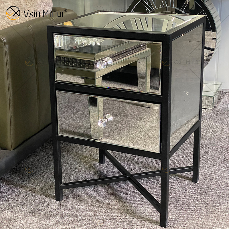 Vanity Modern Silber Glas Schmiedeeisen Möbel Nachttisch mit 2 Schubladen verspiegelter Nachttisch für Schlafzimmer