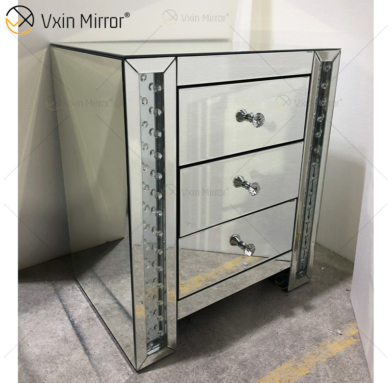 Vxin Crystal Decor WXF-274 Silber Tallboy Nachttisch mit Kristallspiegel und 3 Schubladen Spiegel Nachttisch