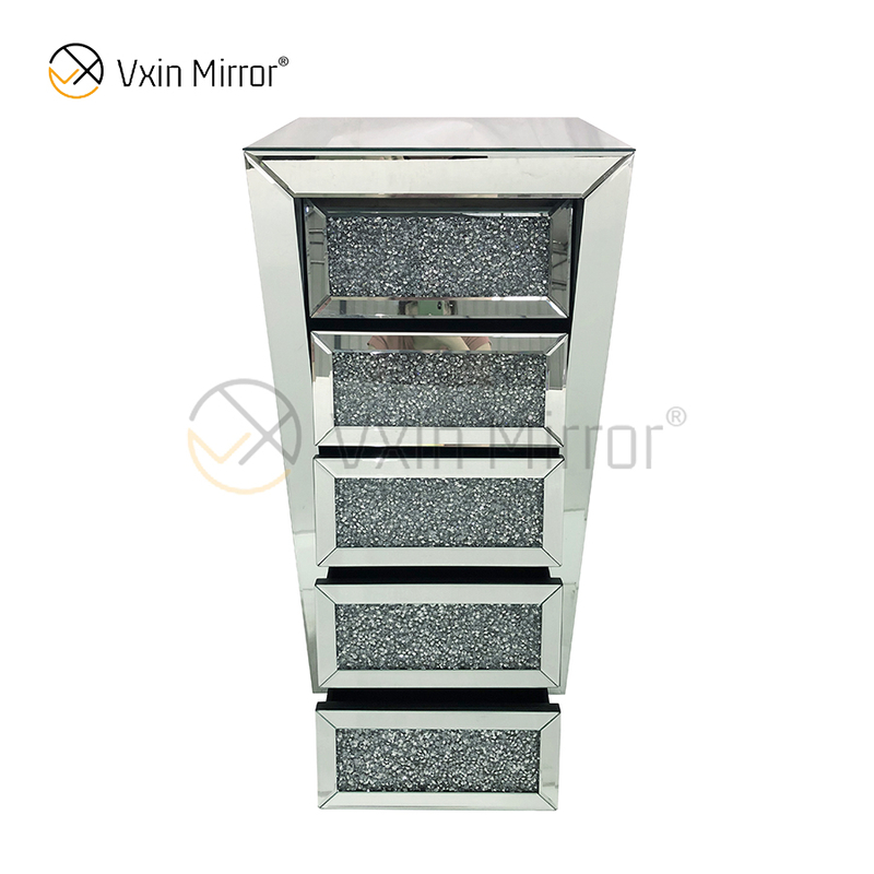 Vxin Mirror Silver Crushed WXWF-707 Diamon Nightstand Bevel Nachttisch mit 5 Schubladen verspiegelter Nachttisch
