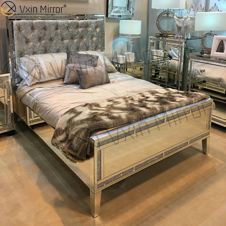 Günstige WXWF-698 Spiegelmöbel auf Schlafzimmer Silber und Schwarz verspiegeltes Bett im modernen Stil