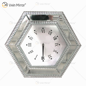 Heißer Verkauf Moderne Spiegeluhr Silber Hexagon Spiegel Uhr Crushed Diamond Dekoration Spiegel Wanduhr