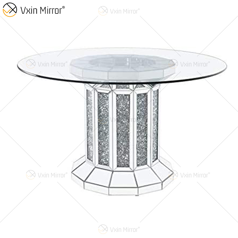 2020 New Design WXF-160 Crushed Diamond Round Silver Esstisch mit Tischplatte aus gehärtetem Glas