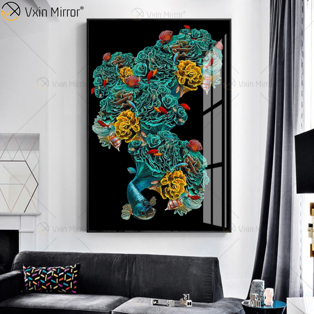 Luxus Aluminium Rahmen Kristall Porzellan Malerei Sofa Hintergrund Wandbehang Malerei Spiegel Wandkunst Wohnzimmer Dekoration