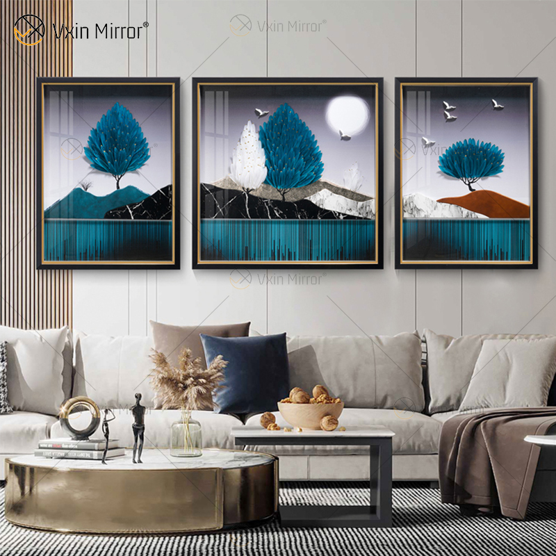 Antiker Stil Vxin WXPA-003 Simplicity Trees Paint Framed Mirror Wall Art Feather Hanging Picture for Living Room Set for Sale