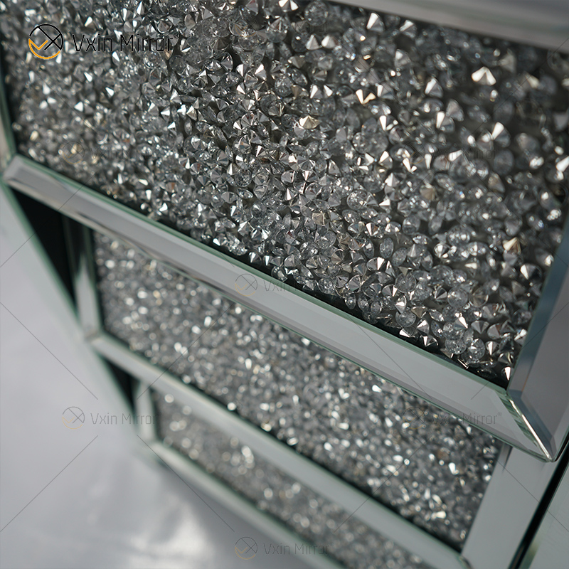 Vxin Spiegel WXF-116 Silberner Kristall-Nachttisch Abgeschrägter verspiegelter Nachttisch mit 3 Schubladen für Schlafzimmer