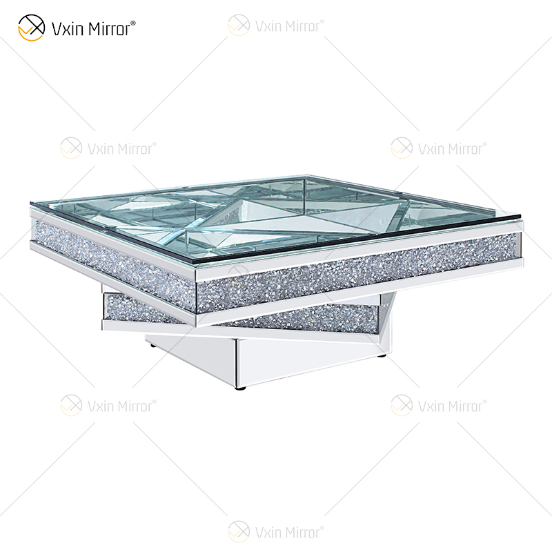 Vxin WXF-158 3D Sparkling Crushed Diamond Square Mirrored Couchtisch Silber Tisch aus gehärtetem Glas
