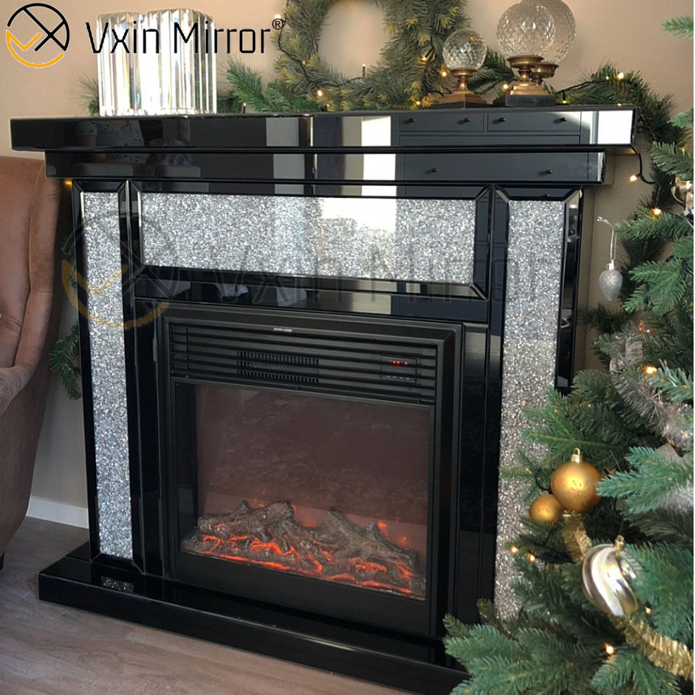 Silber Crushed Diamond Black Frame Spiegelkamin Elektrischer Kamin für Wohnzimmersofas WXWF-042-1