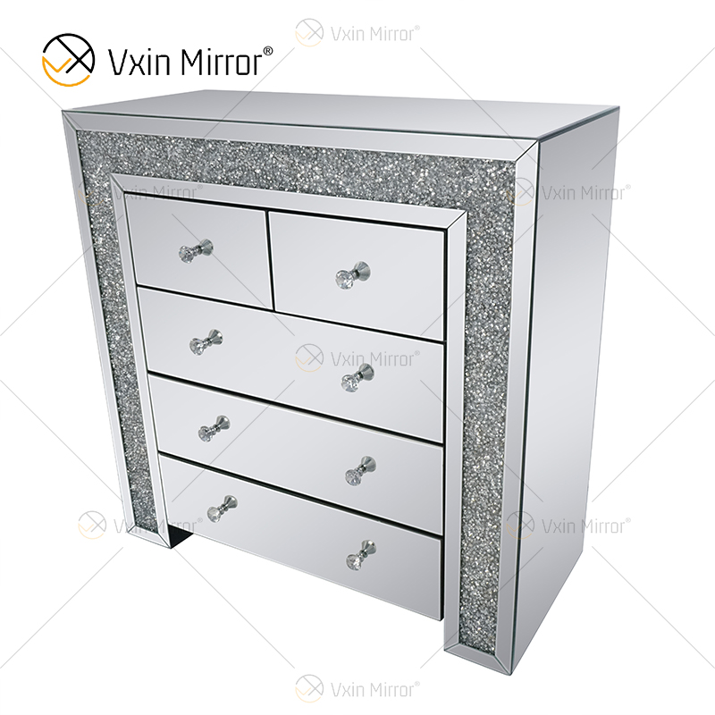 Vxin Nachttisch mit 5 Schubladen, verspiegelt, Silber, Crushed Diamond