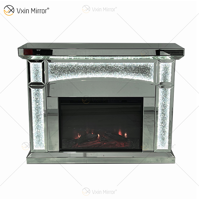 Neues Design WXMF026-1 LED Silber Kristallglas Wohnzimmer Spiegelkamin mit Inneneinsatz