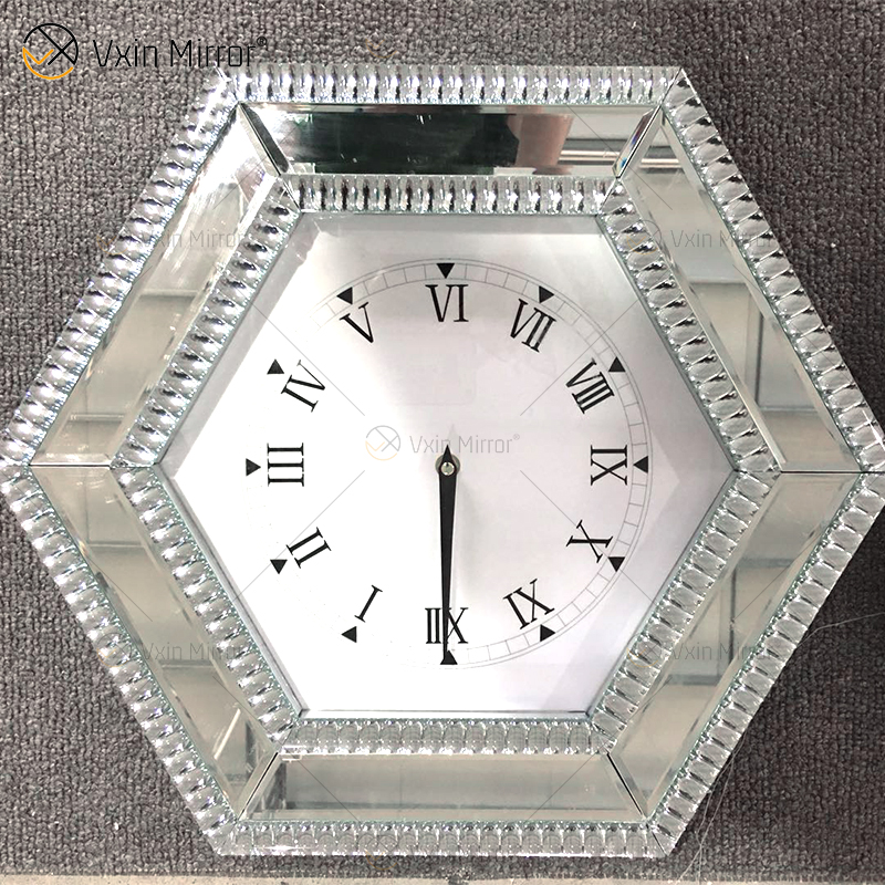 Heißer Verkauf Moderne Spiegeluhr Silber Hexagon Spiegel Uhr Crushed Diamond Dekoration Spiegel Wanduhr