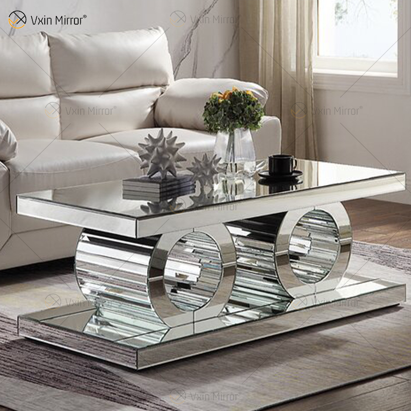 Vxin 3D funkelnder schlichter moderner Couchtisch aus Glas, Geometrie, verspiegelter Couchtisch, silberfarben, für Wohnzimmer