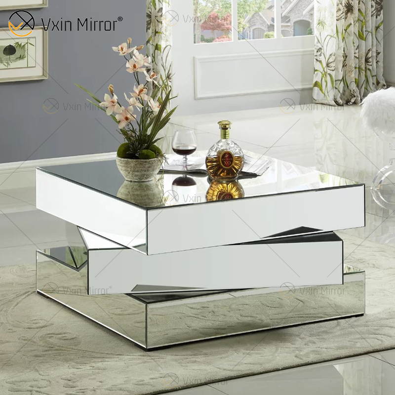 Vxin WXF-2138 3D Sparkling Crushed Diamond Geometrie verspiegelter Couchtisch Silber mit Diamanten bedeckt