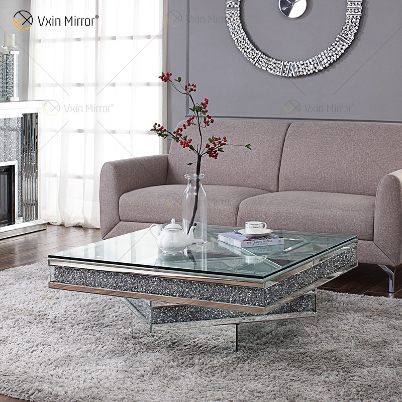 Vxin WXF-158 3D Sparkling Crushed Diamond Square Mirrored Couchtisch Silber Tisch aus gehärtetem Glas