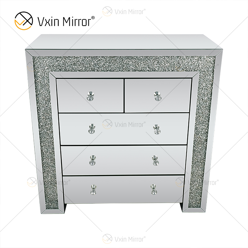 Vxin Nachttisch mit 5 Schubladen, verspiegelt, Silber, Crushed Diamond